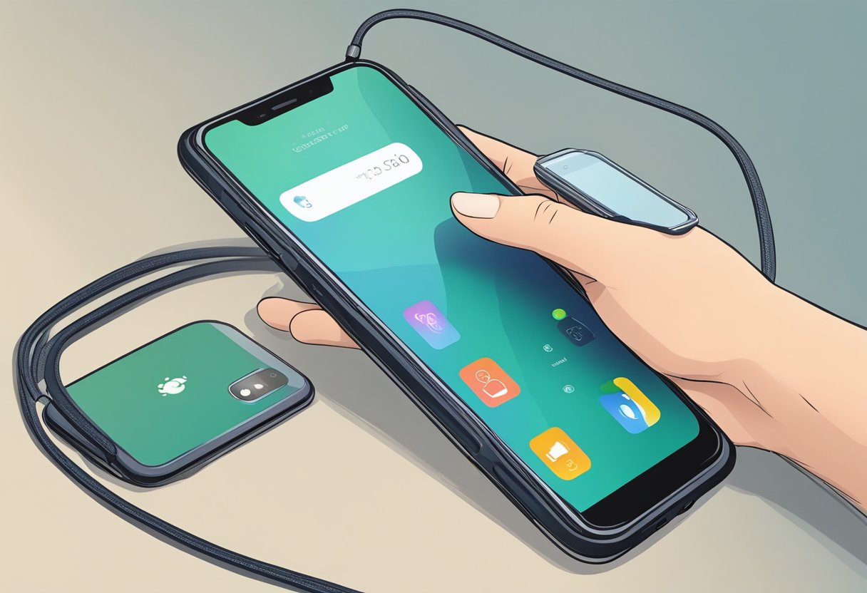 A hand reaches for a phone, but a safety strap attached to the phone prevents it from falling. A protective case surrounds the phone, and a security app is visible on the screen