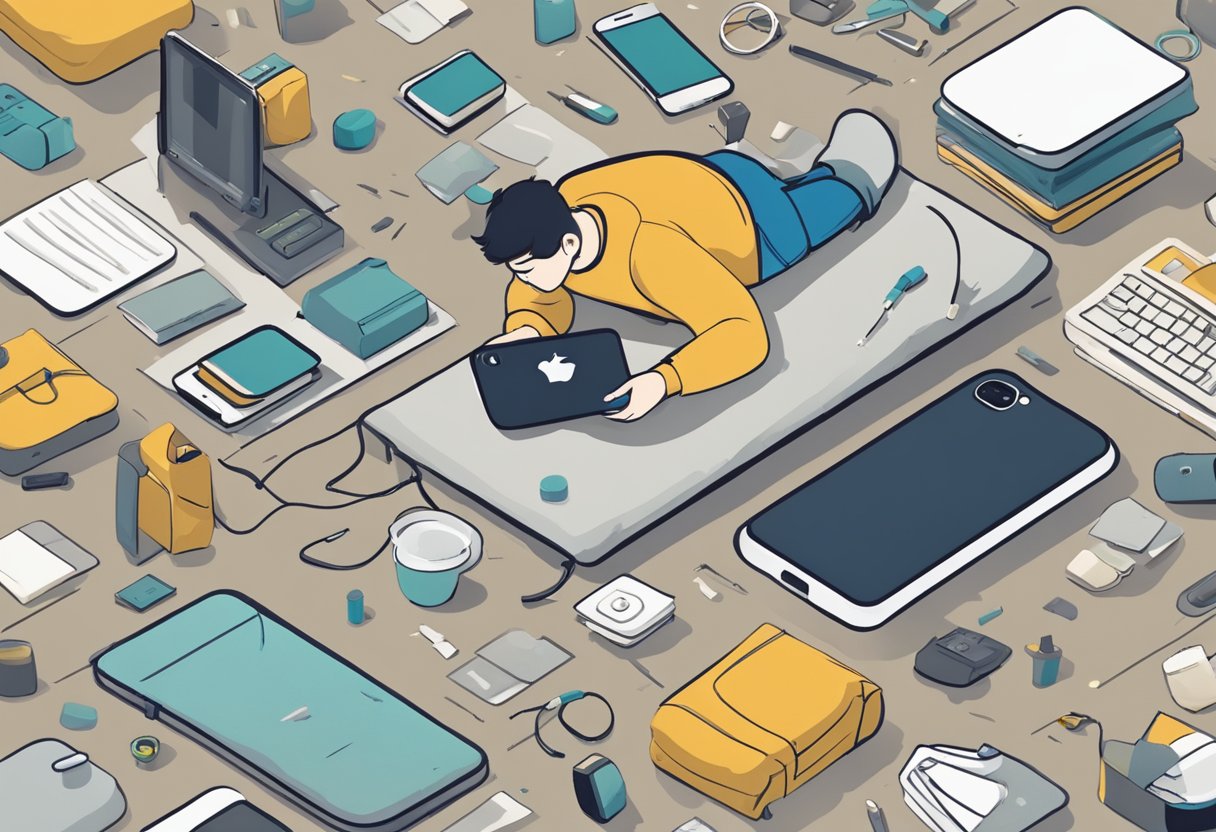 An iPhone lying on the ground, surrounded by scattered personal items and a distressed owner searching for it