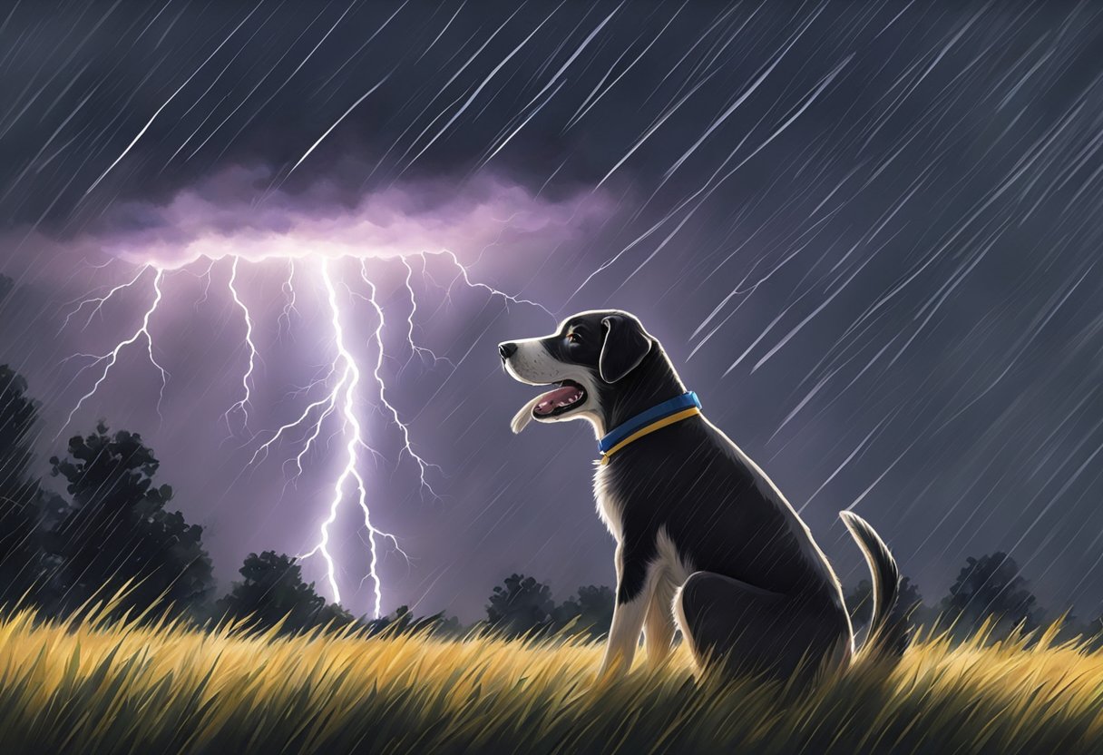 A dog cowers as lightning cracks and thunder booms overhead, rain pelting down on the trembling creature