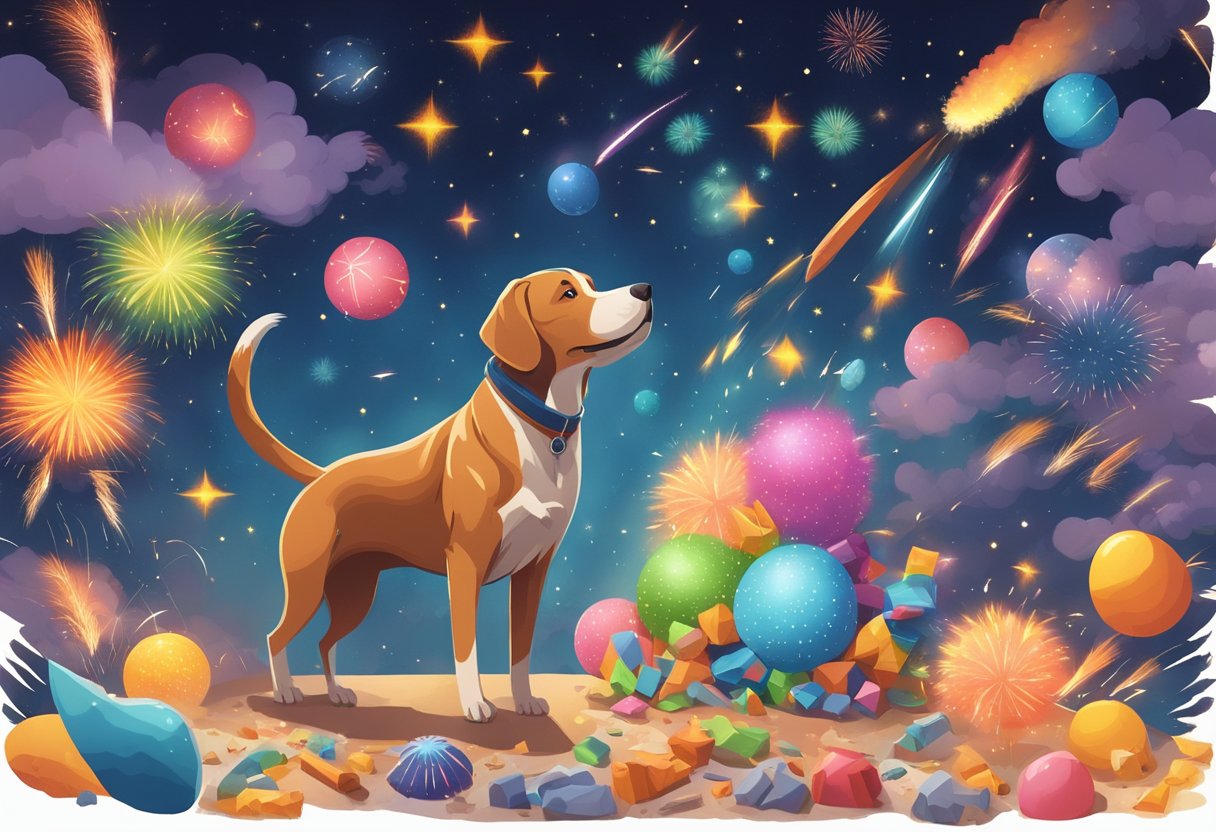 Colorful fireworks explode in the night sky, as a trembling dog cowers in fear, surrounded by objects representing common fears: thunder, vacuum, and more