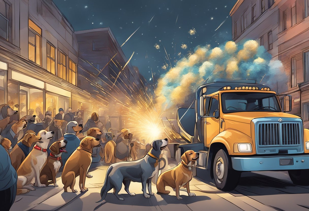 Dogs cowering from loud noises: thunder, fireworks, vacuum, sirens, construction, shouting, and traffic