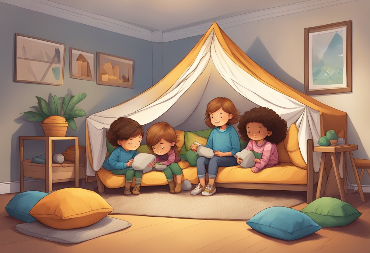 Children building a fort around a Nugget couch, using blankets and pillows to create a cozy and imaginative play space nugget couch fort ideas