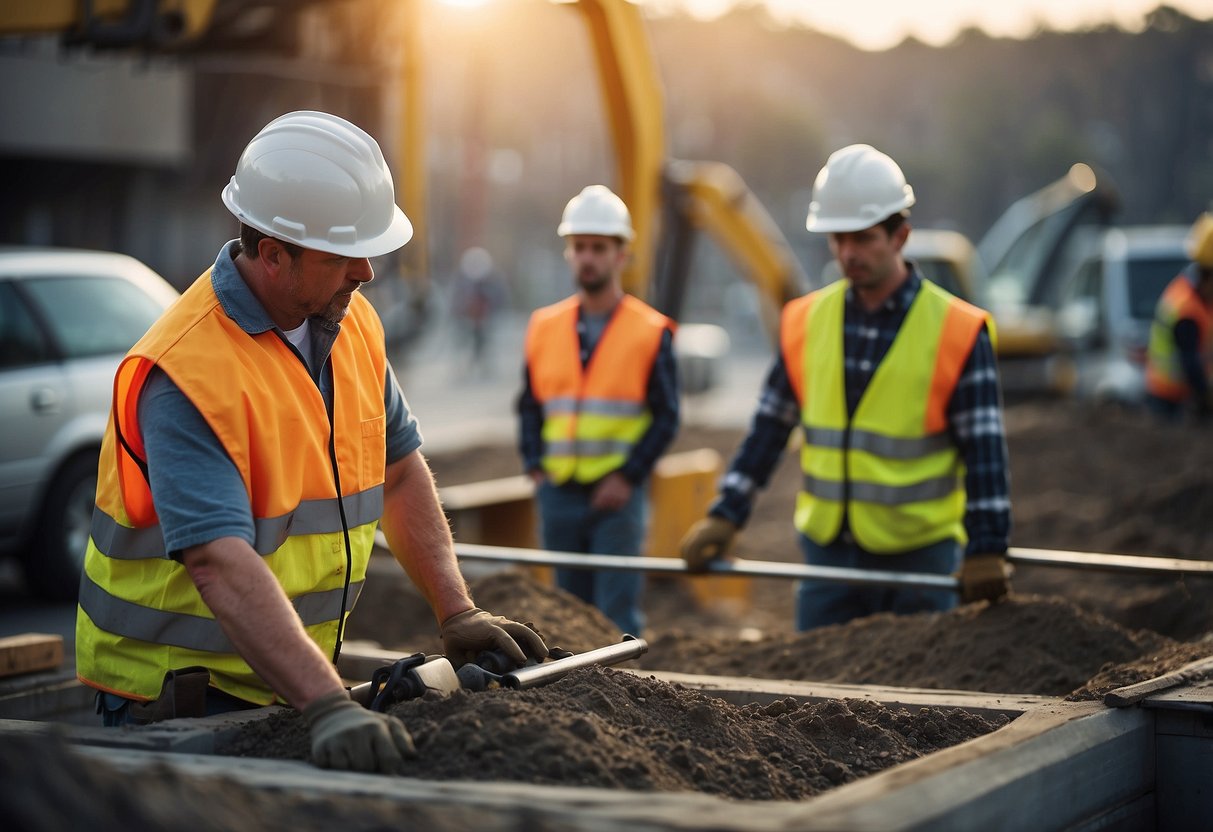 A busy construction site with various workers and machinery, organized and coordinated by a team overseeing the public works project