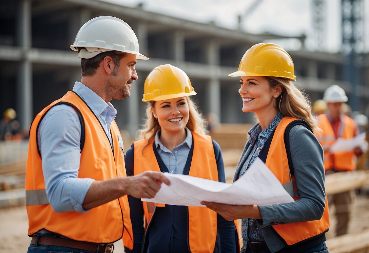 A group of people visiting a construction site, examining plans and discussing public procurement impacts