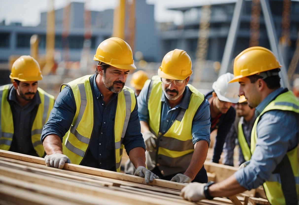 A construction site with various stages of scheduling, coordination, and management activities. Public contracts and construction work in progress