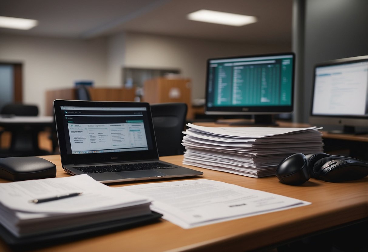 A desk with a computer, stack of papers, and a pen. A bulletin board with job postings. An open door leading to an office