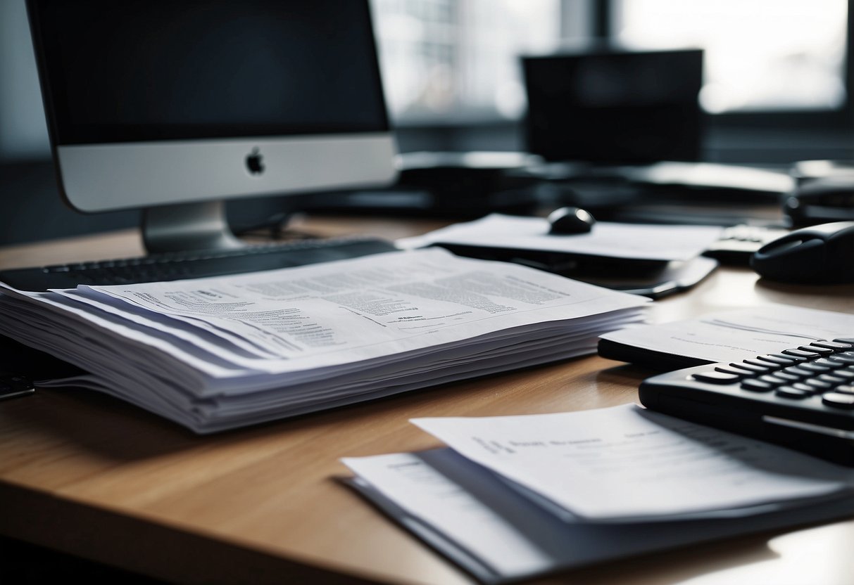 A table with documents and contracts, a computer with a list of subcontractors and partners, and a stack of public procurement files