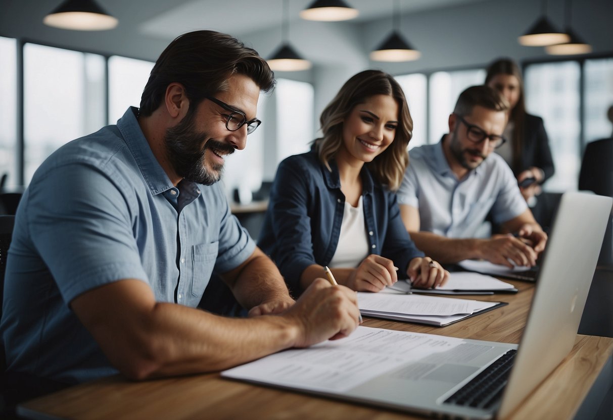 A group of people preparing and submitting bids for public contracts, with an optional site visit