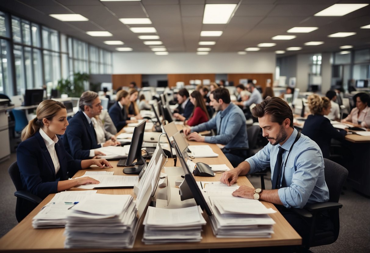 A busy office with people reviewing documents. A sign reads "Enjeux et Précautions lors de l'Audit des Services visite de site facultative & marchés publics". Files and computers are scattered on desks