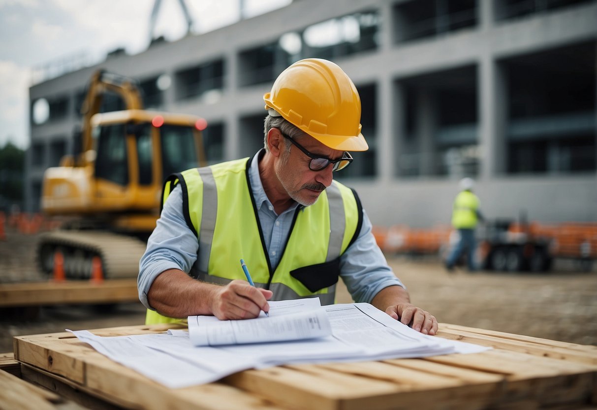 A site visit is optional for public contract bids. Illustrate a scene with a construction site, a tender document, and a checklist