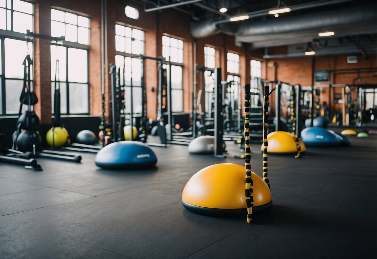 A gym with various equipment and props for static holds, such as resistance bands, stability balls, and yoga blocks. Bright, natural lighting fills the space, and a diverse group of people can be seen practicing static holds in different areas of the gym