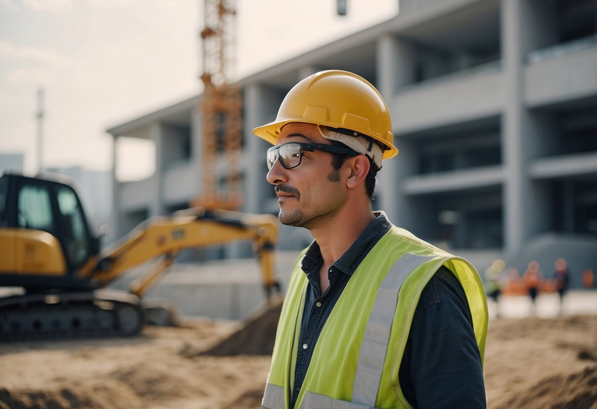 A construction site with workers and equipment, surrounded by government buildings and public infrastructure