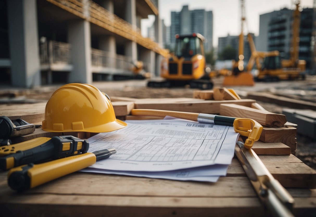 A construction site with various building materials and equipment, surrounded by charts and graphs representing the BT08 index and public contracts