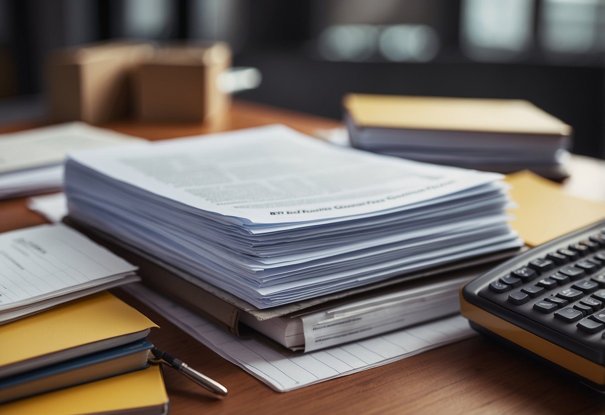 A stack of paperwork labeled "Frequently Asked Questions Index INSEE BT08 & marchés publics" sits on a desk, surrounded by office supplies