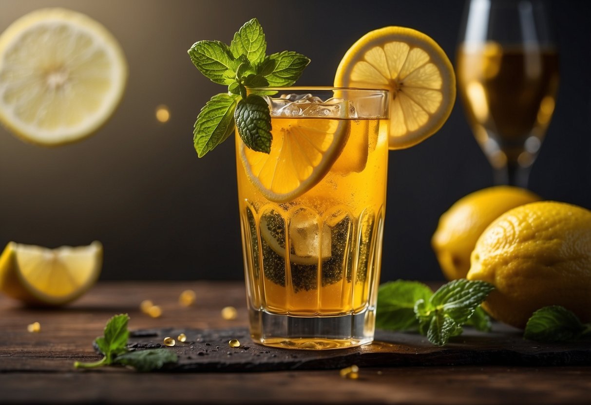 A glass filled with a clear liquid, garnished with a slice of lemon and a sprig of mint, surrounded by ingredients like ginger, turmeric, and honey