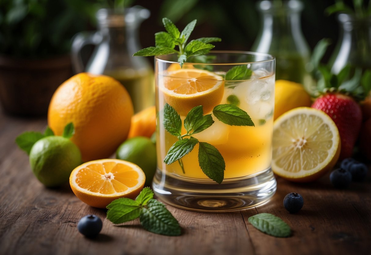 A glass filled with a clear liquid, surrounded by fresh fruits and herbs, with a label reading "Cortisol Mocktail Recipe for Weight Loss"