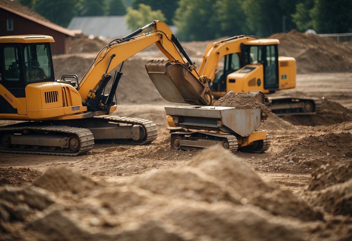 A construction site with machinery and materials, surrounded by natural landscapes. INSEE BT09 index visible