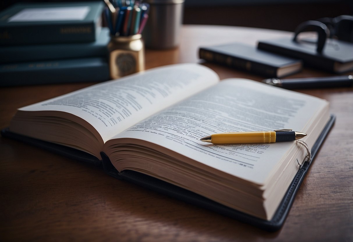 A technical index book lies open on a desk, with a pen and ruler nearby. The pages are filled with tables and data