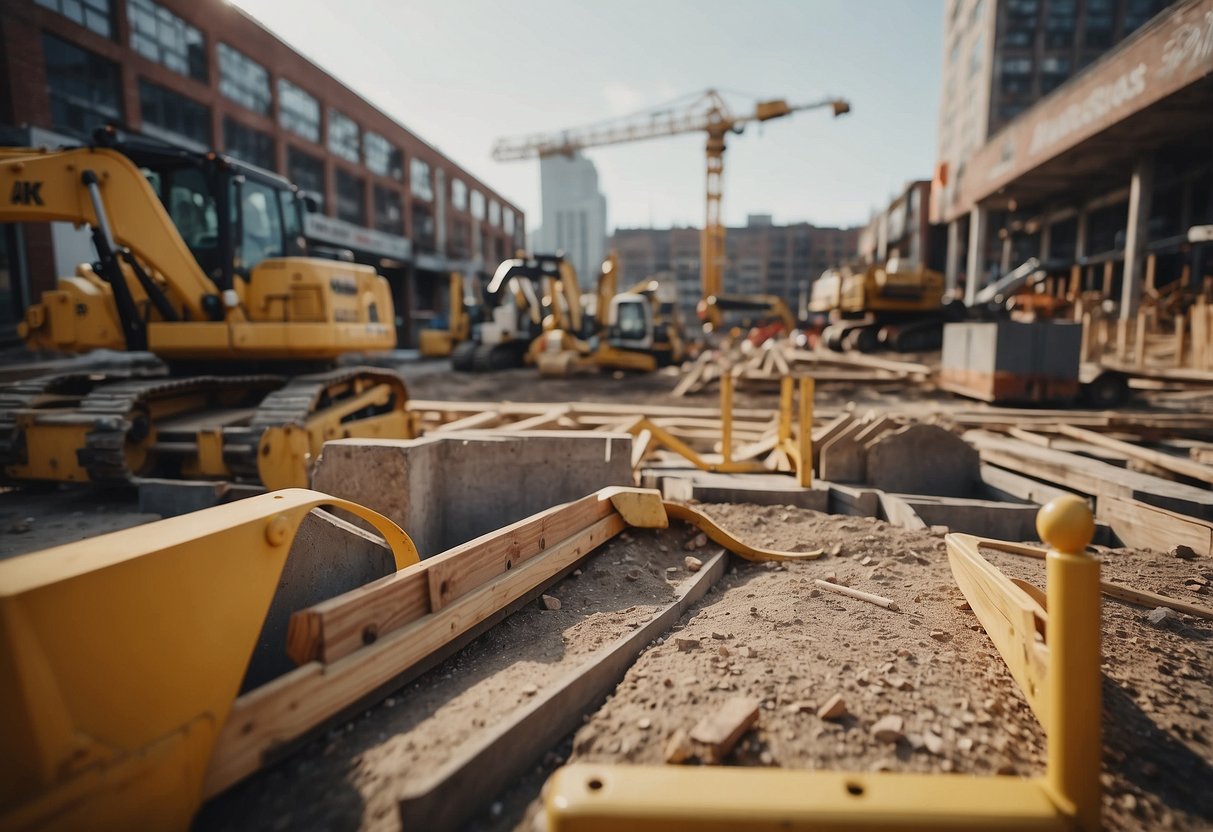 A construction site with materials and equipment, surrounded by public market signs and index references