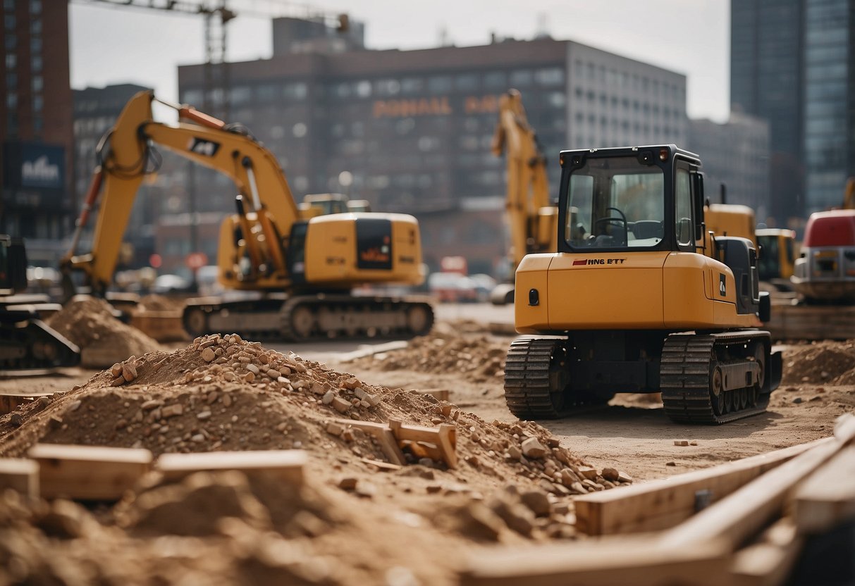 A construction site with materials and equipment, surrounded by public market signs and index INSEE BT14 data