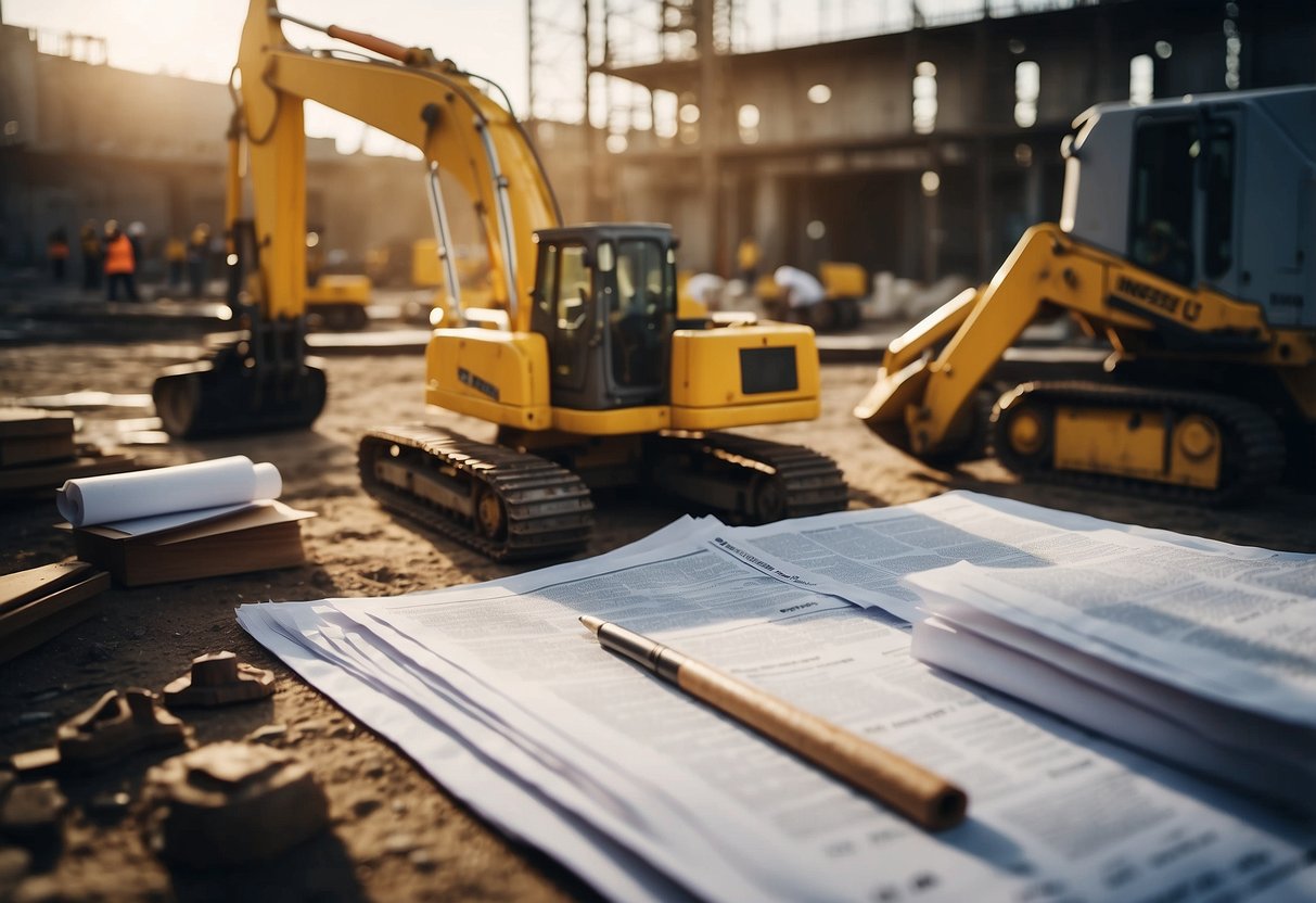 A construction site with heavy machinery and workers, surrounded by government-issued documents and charts displaying INSEE BT14 data