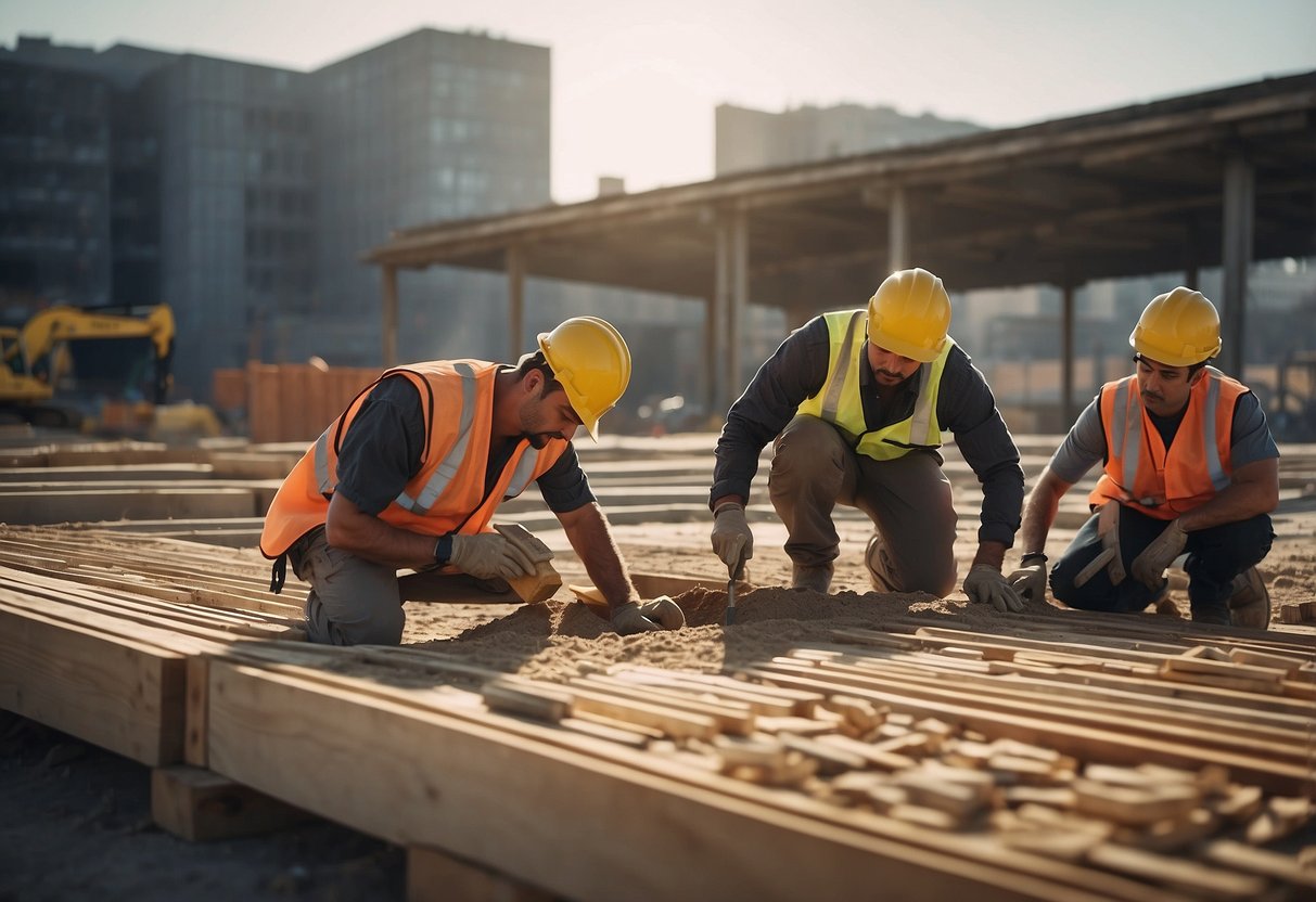 A construction site with workers applying finishing touches, with INSEE BT14 index and public market documents in the background