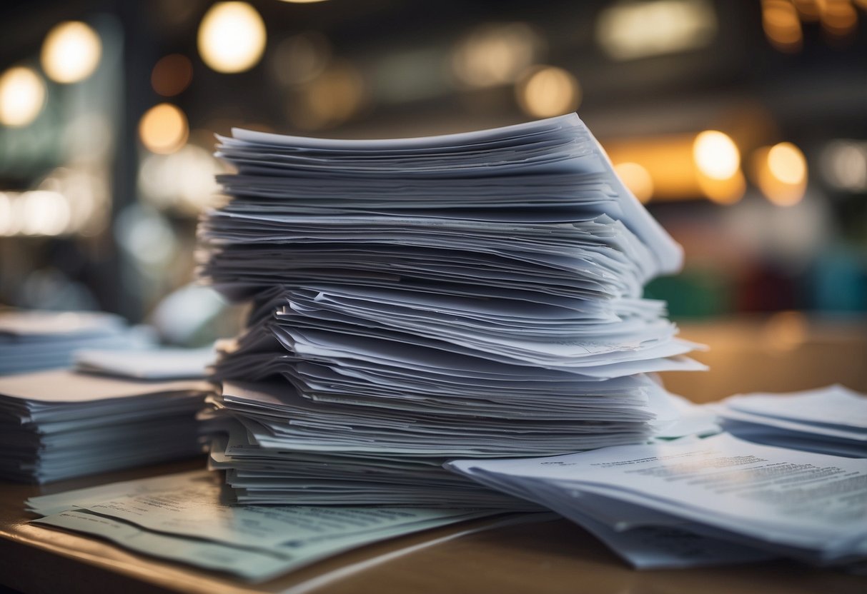 A pile of BT16b index documents on a desk, with a public market in the background