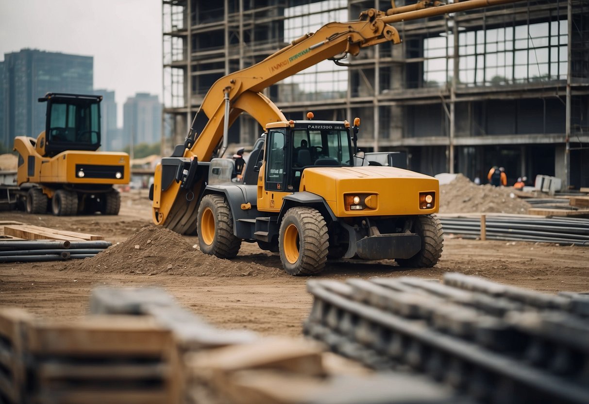 A construction site with various building materials and equipment, including concrete, steel beams, scaffolding, and construction vehicles