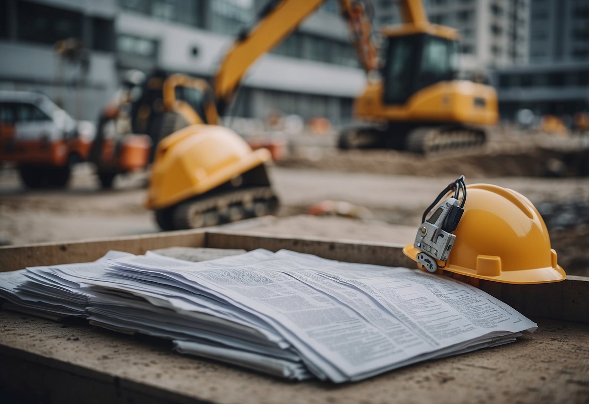 A construction site with various materials and equipment, such as cement, steel beams, and cranes, surrounded by public procurement documents and index categories