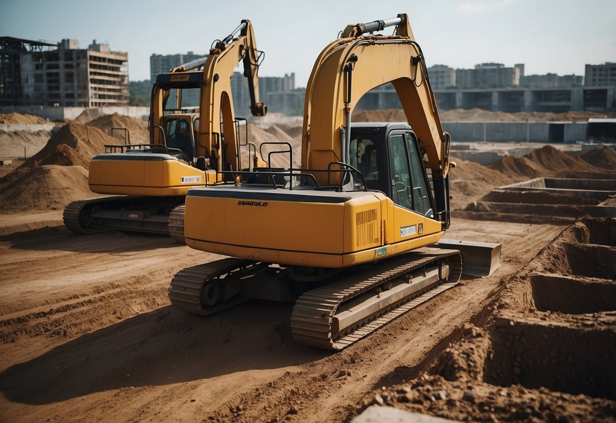 A construction site with heavy machinery and workers, surrounded by piles of dirt and concrete foundations