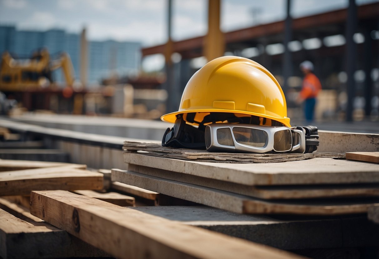 A construction site with various materials like steel, concrete, and wood. Cost and market data charts in the background