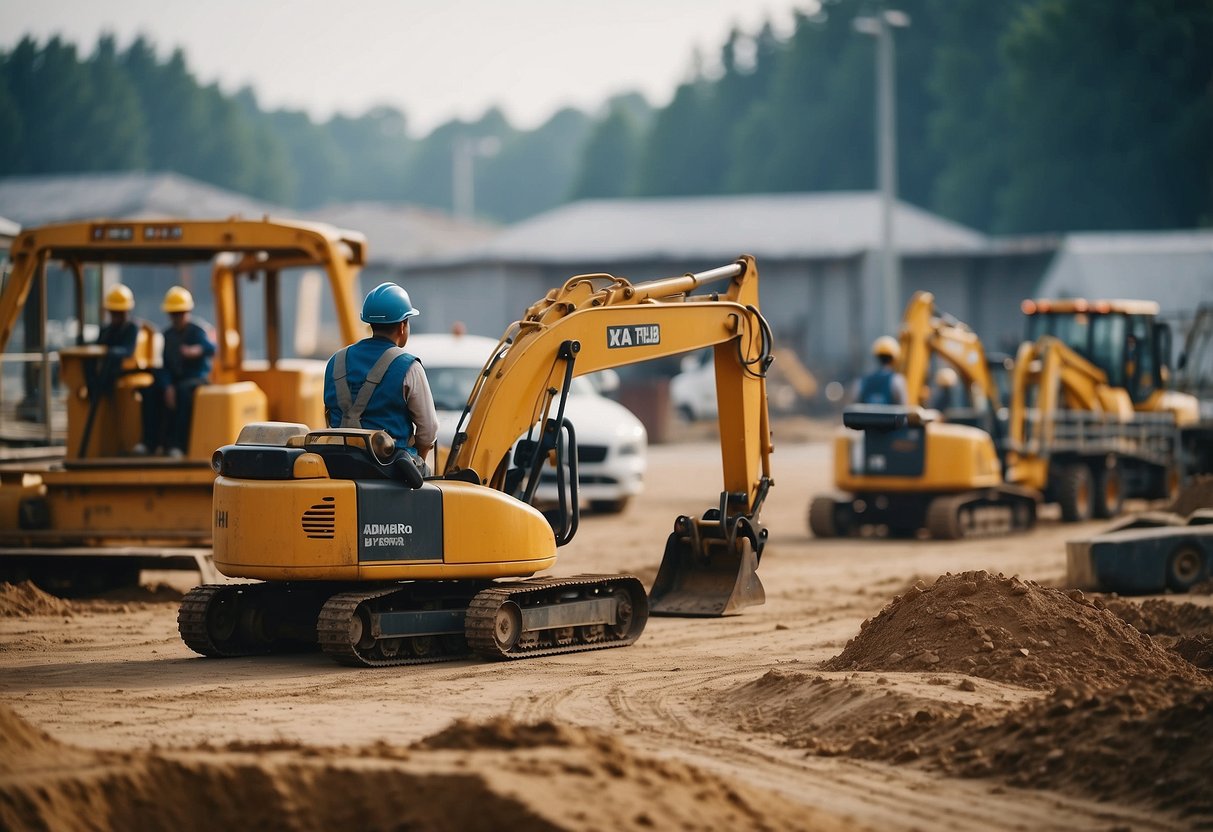 A bustling construction site with various equipment and structures, surrounded by workers and vehicles