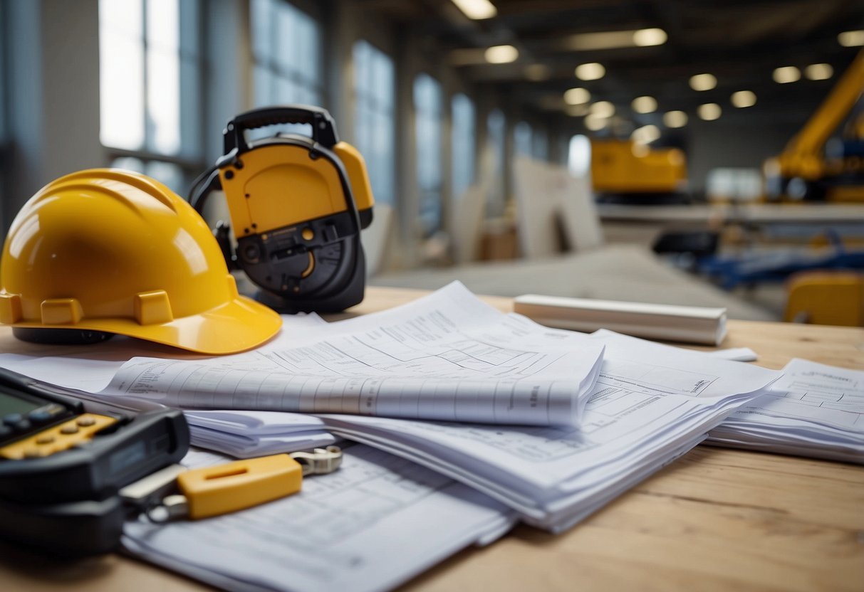 A construction site with materials and equipment, a chart showing Index INSEE BT19b, and public procurement documents in the background