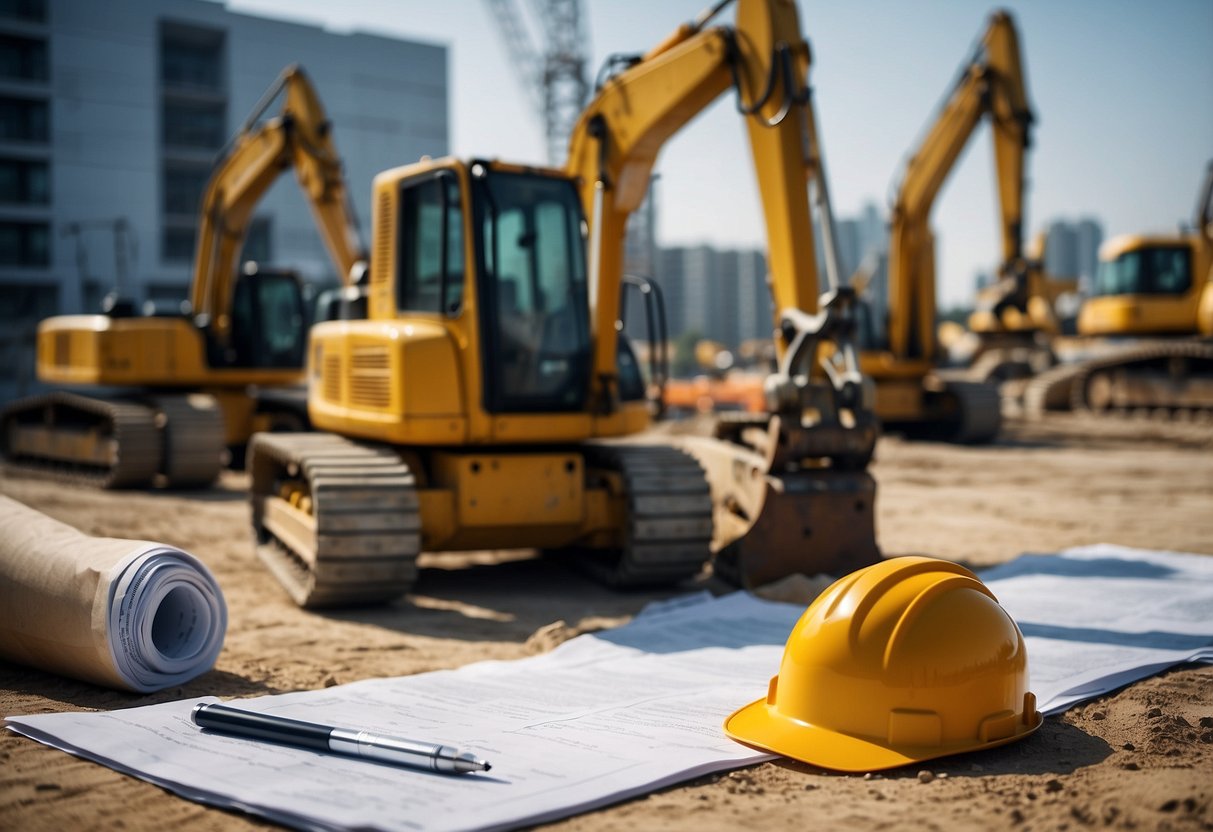 A construction site with various equipment and materials, including cranes, bulldozers, and scaffolding, surrounded by blueprints and technical documents