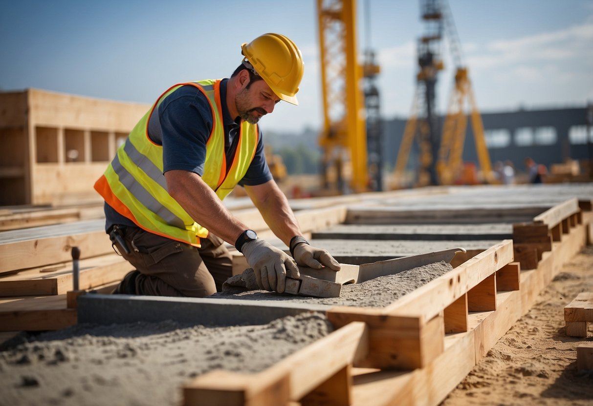 A construction site with various materials and finishes being applied, according to INSEE BT26 standards, for public contracts