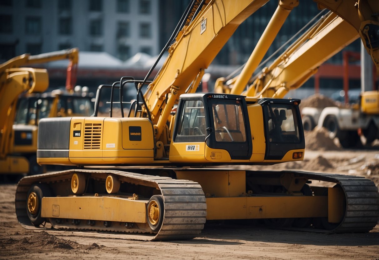 A construction site with various equipment and materials, including cranes, trucks, and building supplies. No human subjects or body parts