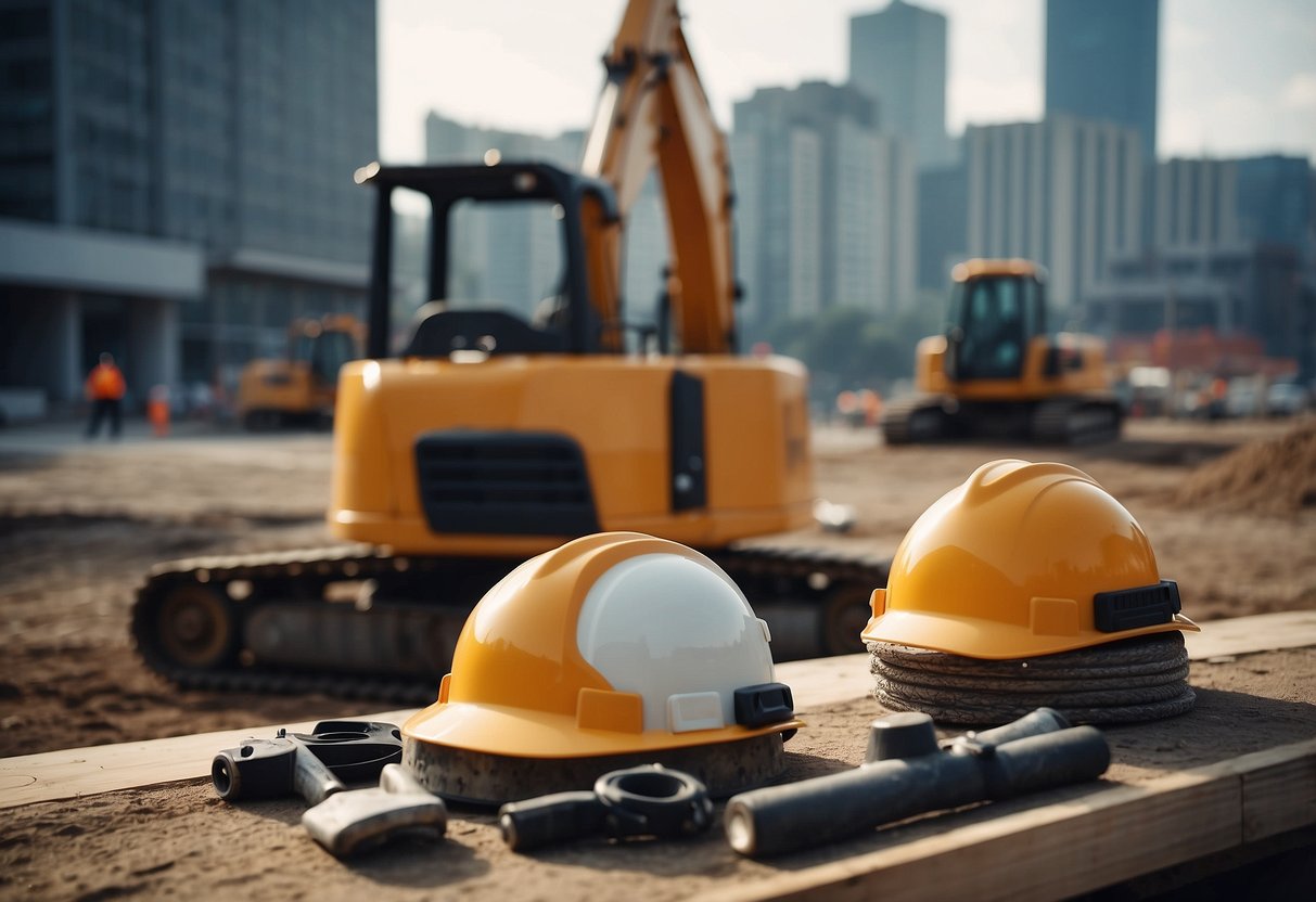 A construction site with various equipment and materials, surrounded by buildings and infrastructure