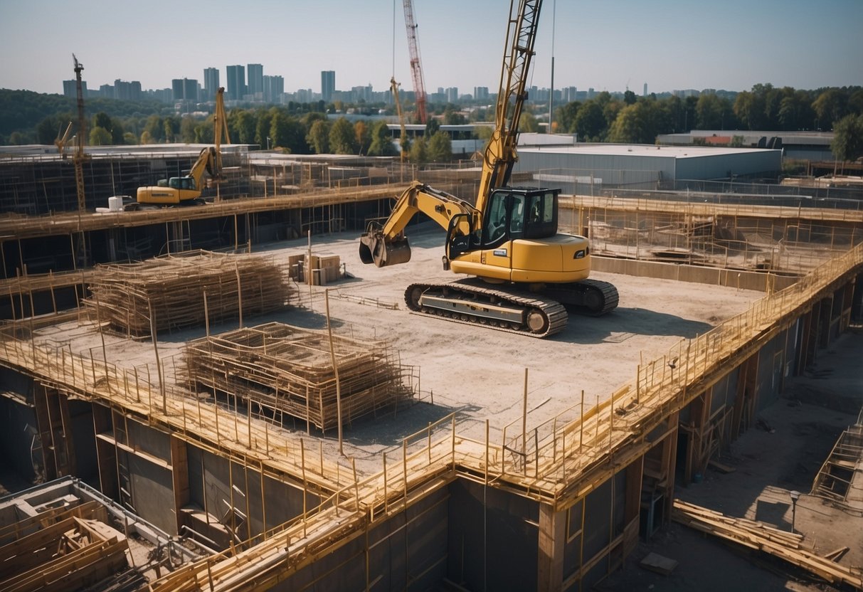 A construction site with various building materials and equipment, including concrete, steel beams, cranes, and scaffolding