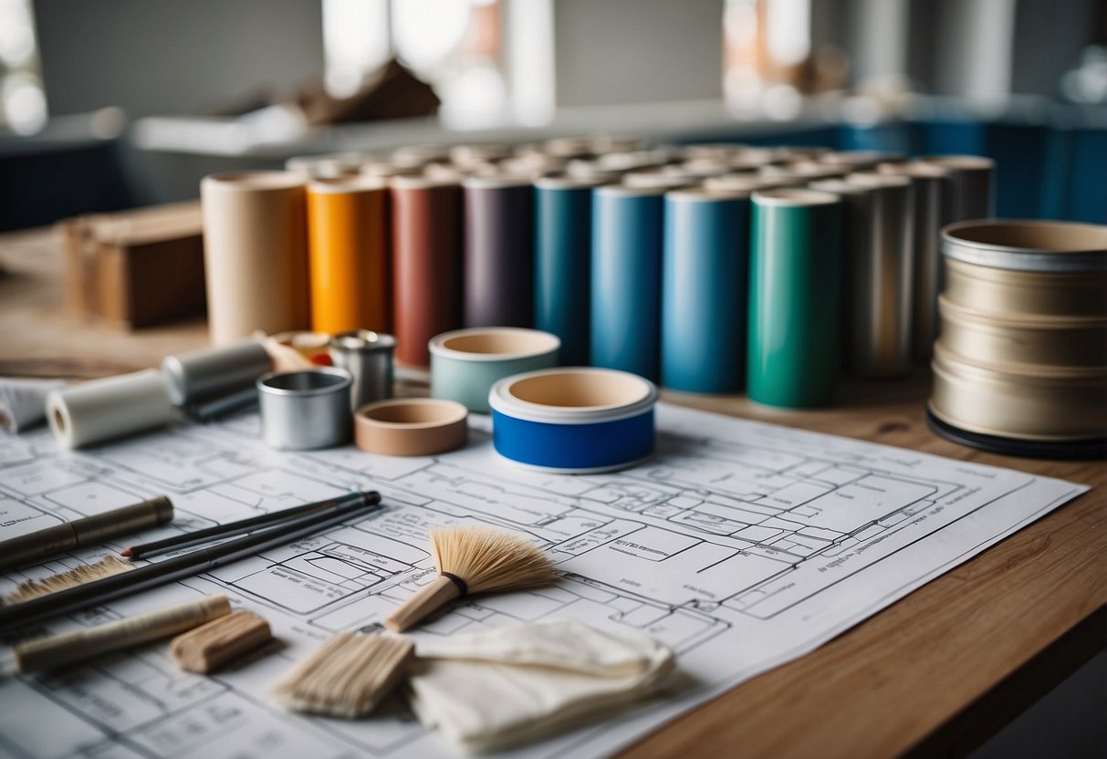 A table with construction materials and paint samples, surrounded by architectural blueprints and public procurement documents