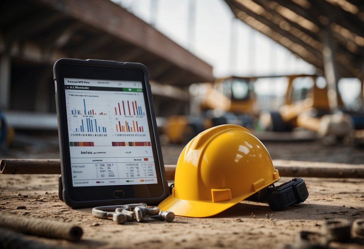 The scene shows a construction site with materials and equipment, alongside a chart displaying the INSEE BT28 index and public market prices