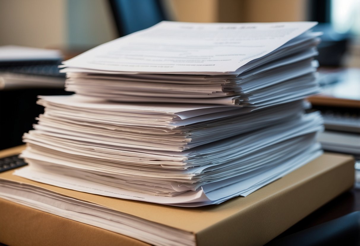 A stack of BT28 index documents with a public procurement form next to it, surrounded by office supplies and a computer