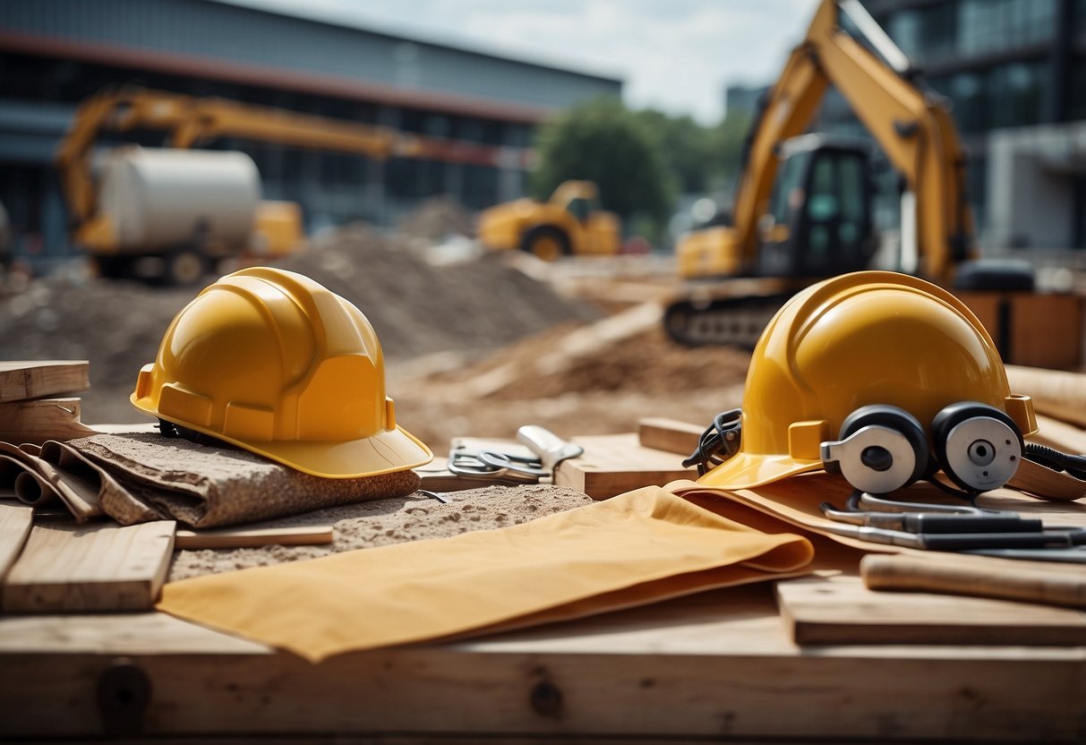 A construction site with various materials and equipment, including INSEE BT33 index documents and public market contracts