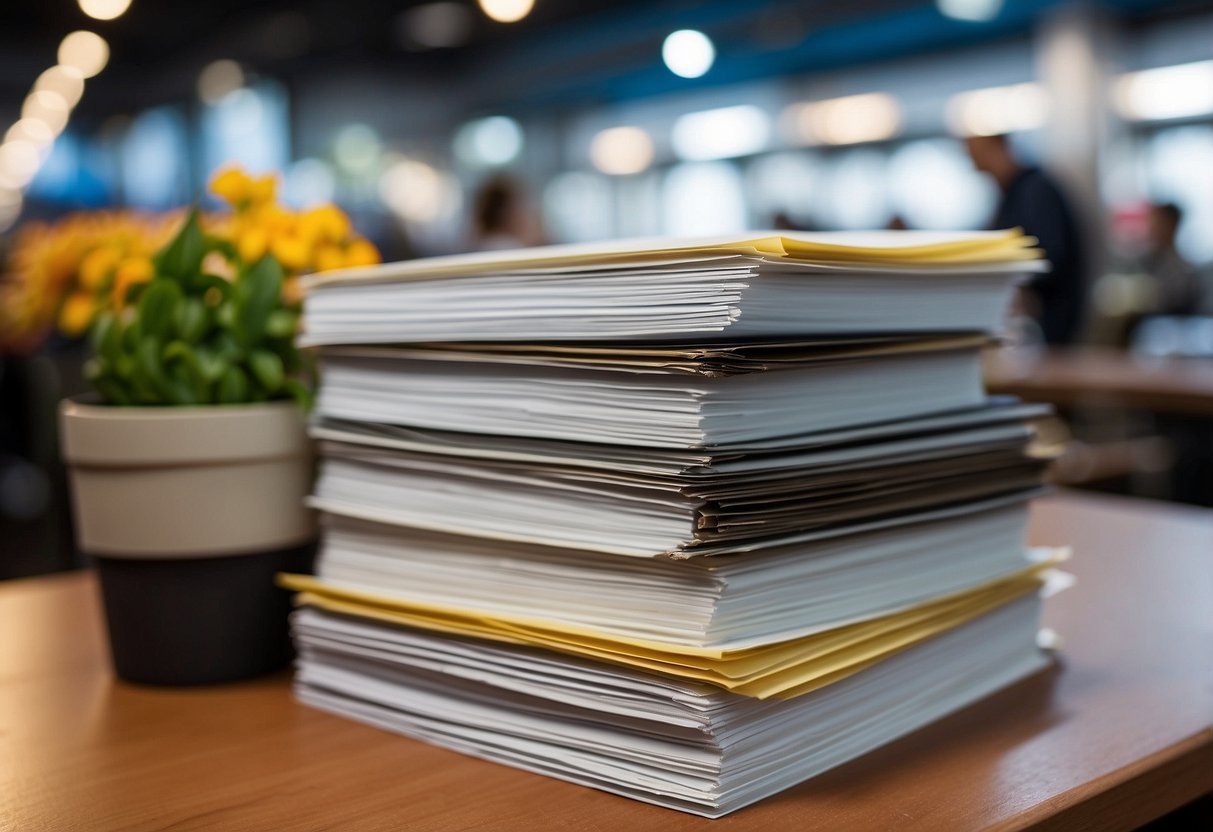 A stack of INSEE BT34 index documents on a desk, with a public market in the background