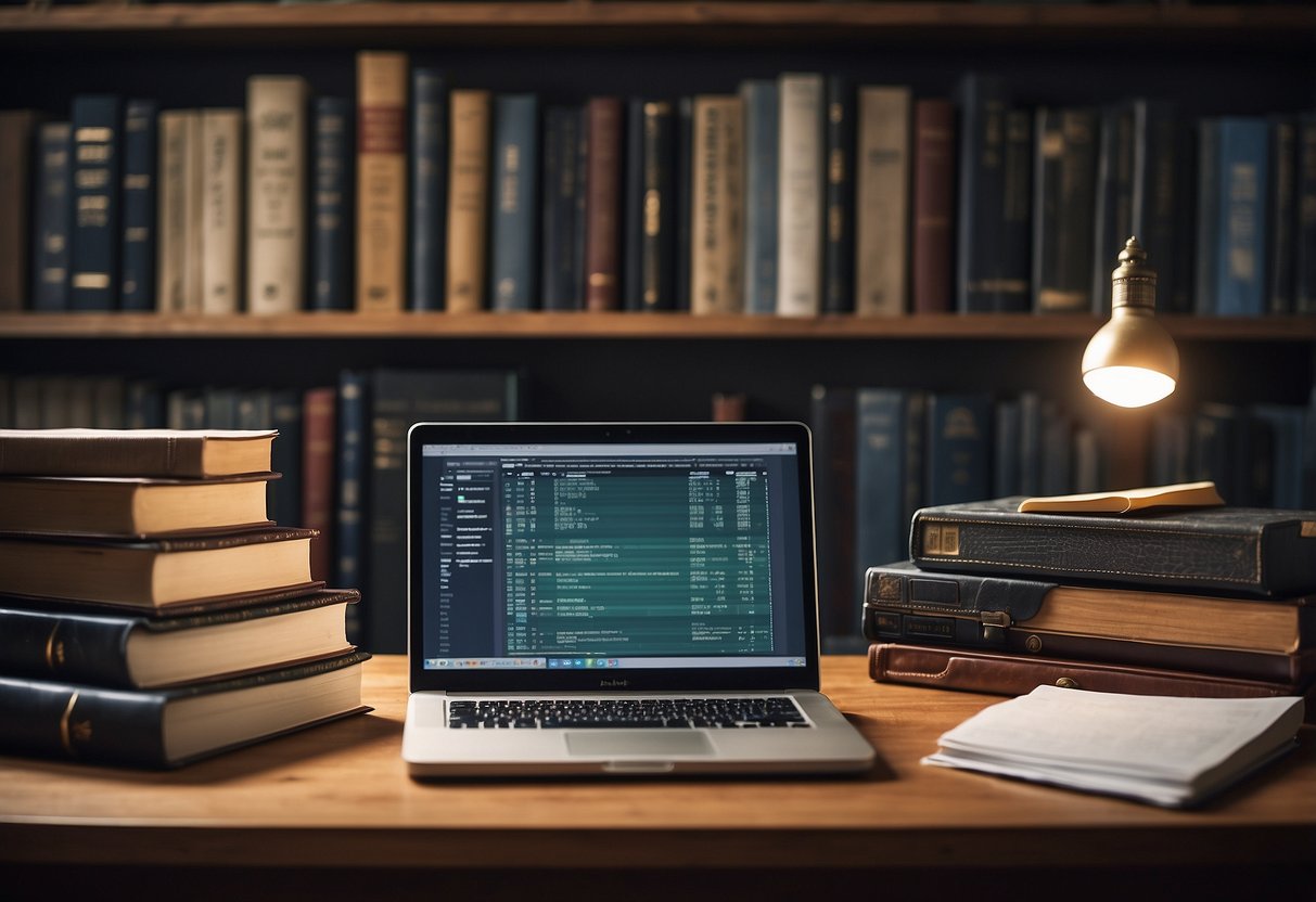 A desk with a computer, papers, and a bookshelf with data sources and methodology books for BT and TP indices