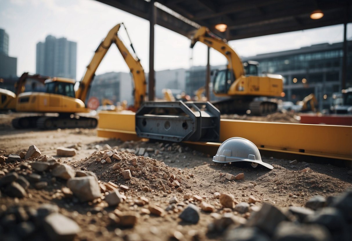 A construction site with materials and equipment, surrounded by public market signs and statistical data