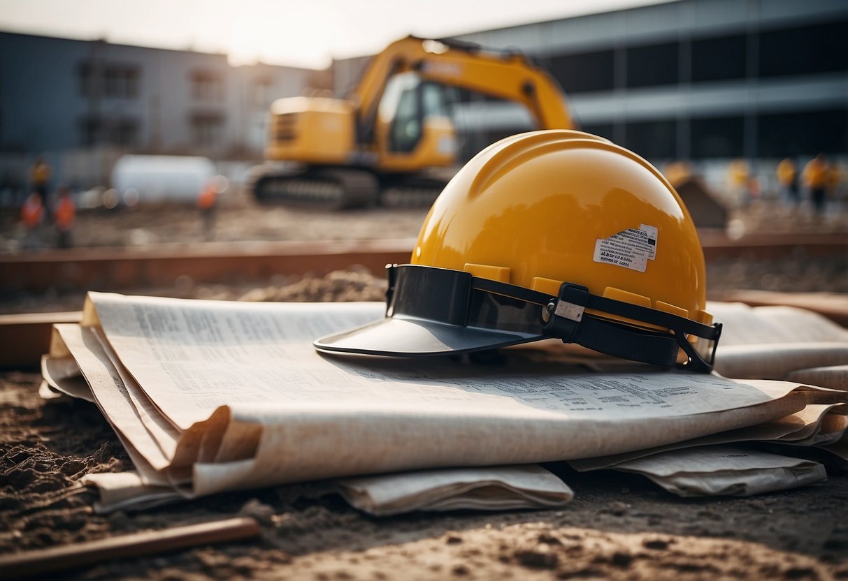 A construction site with equipment and materials, referencing technical documents and public contracts