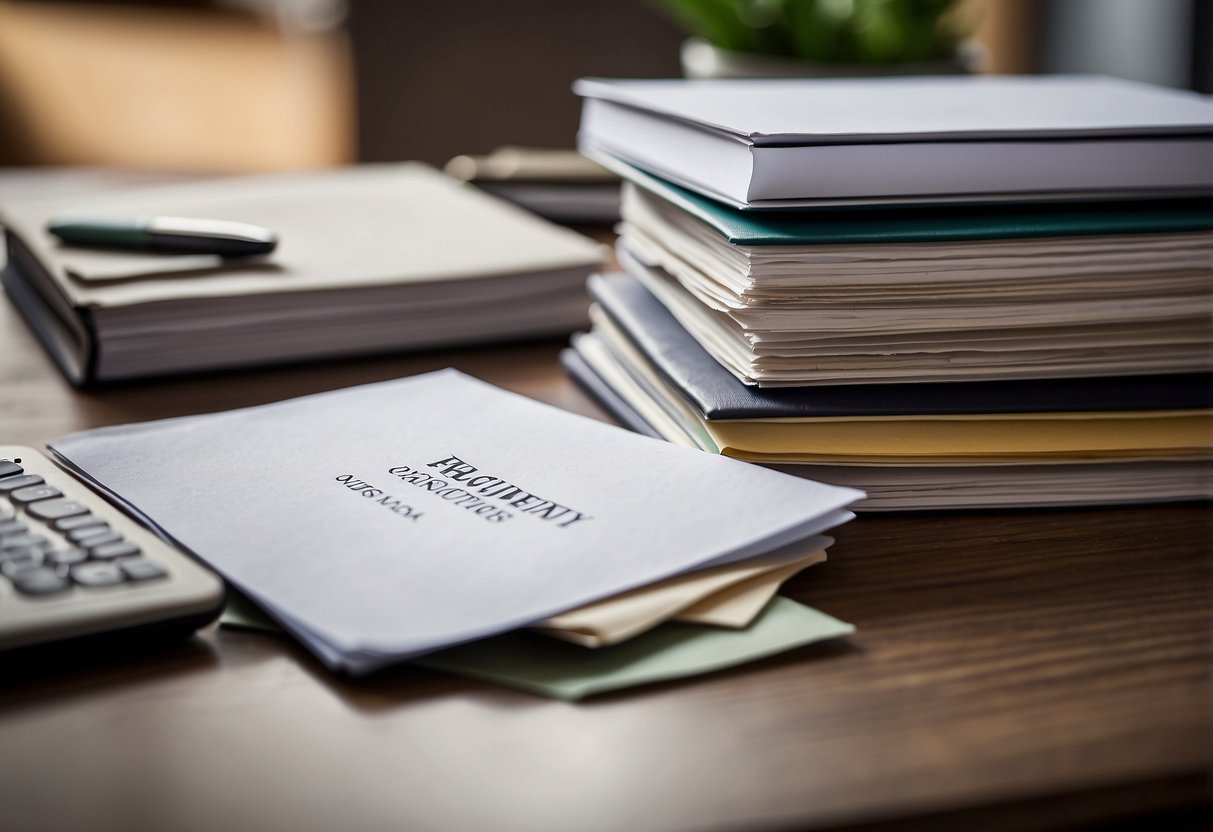 A stack of papers labeled "Frequently Asked Questions Index INSEE BT41 & marchés publics" sits on a desk, surrounded by office supplies