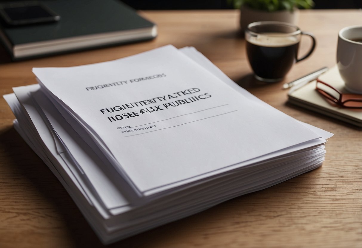 A stack of papers labeled "Frequently Asked Questions Index INSEE BT42 & marchés publics" sits on a desk, surrounded by office supplies