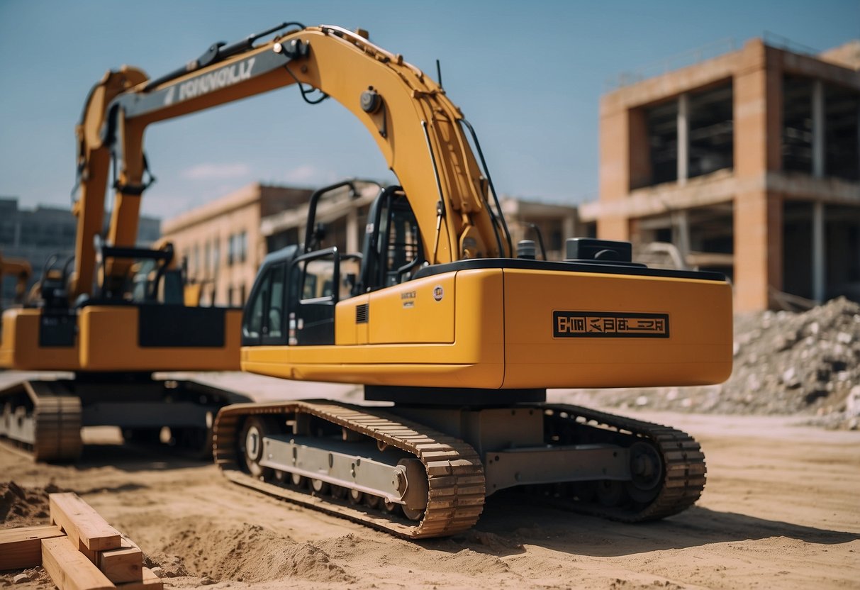 A construction site with various equipment and materials, including cranes, trucks, and building structures