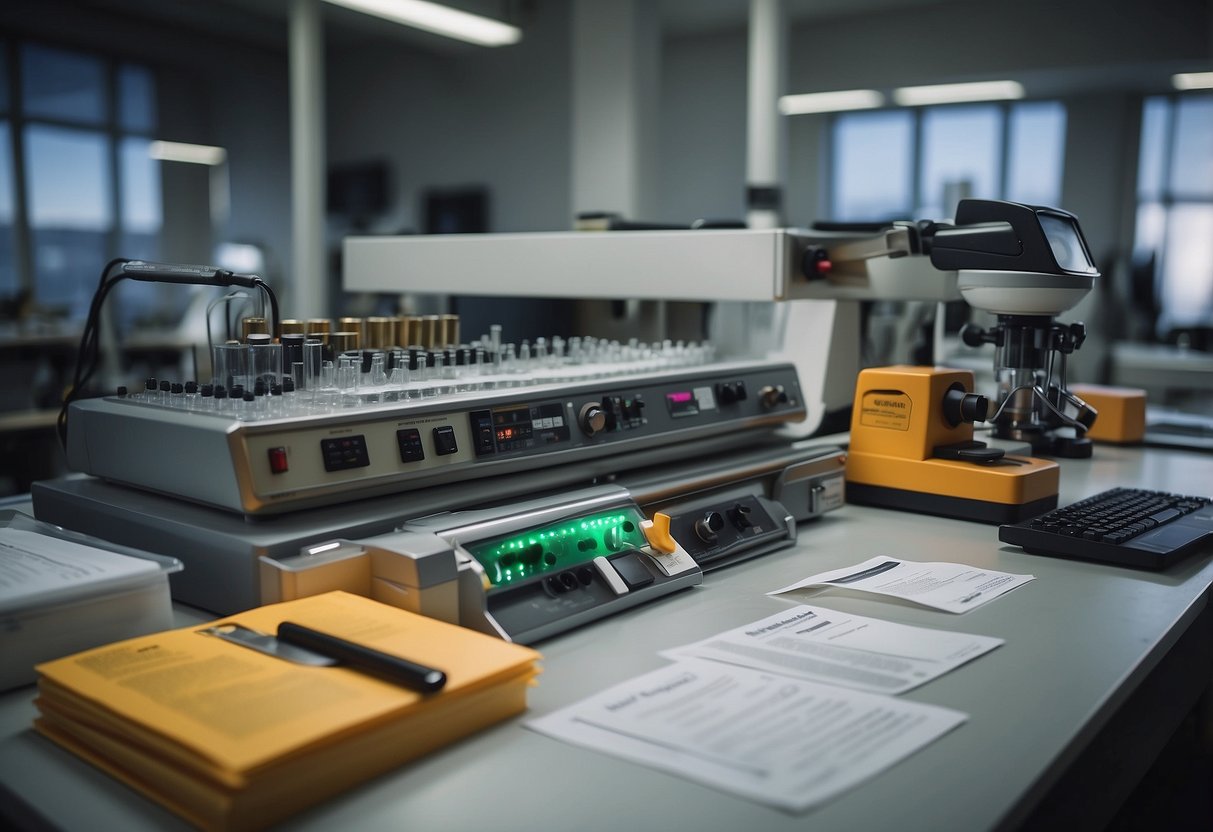 A construction materials lab with equipment and samples, surrounded by public procurement documents